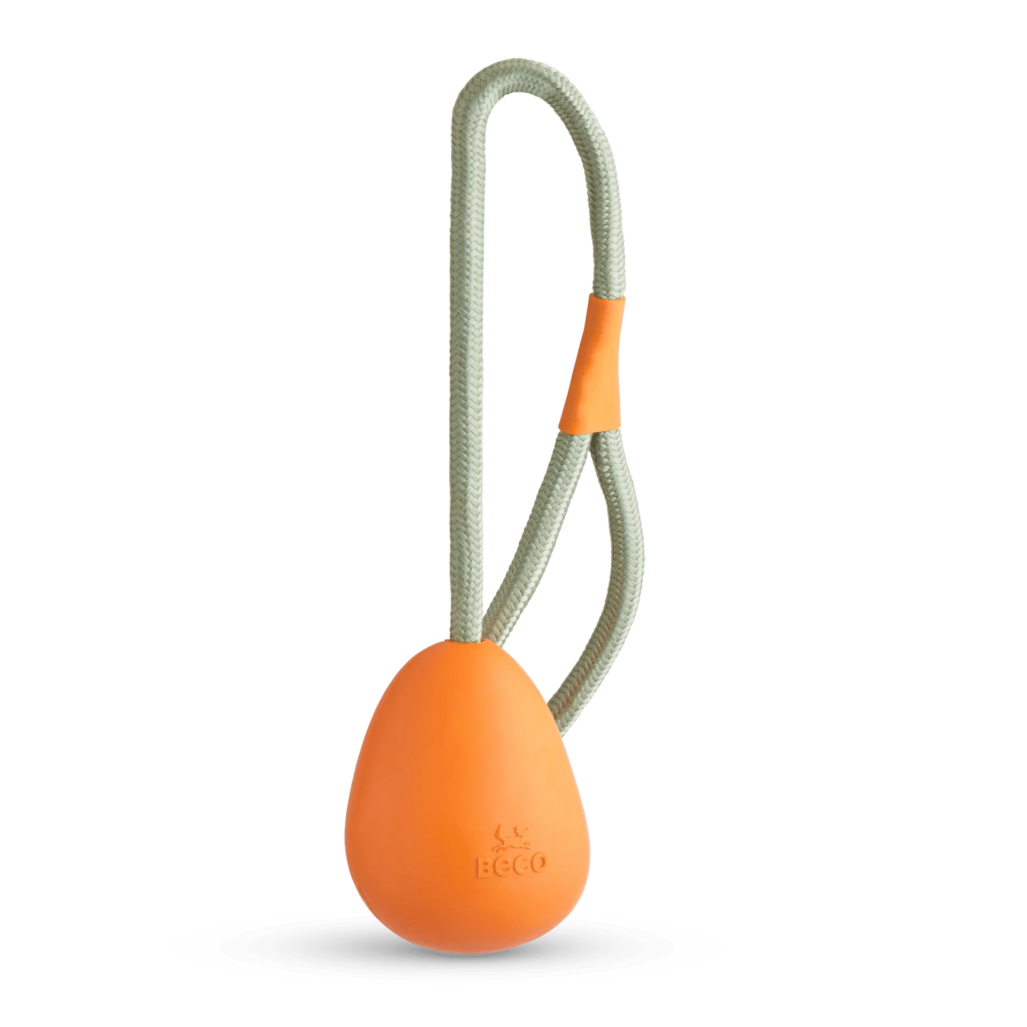 The Beco Slinger by The Tetbury Pet Shop & Grooming is an orange natural rubber fetch ball on a gray rope loop with an orange grip, designed for fun, interactive play with your dog.