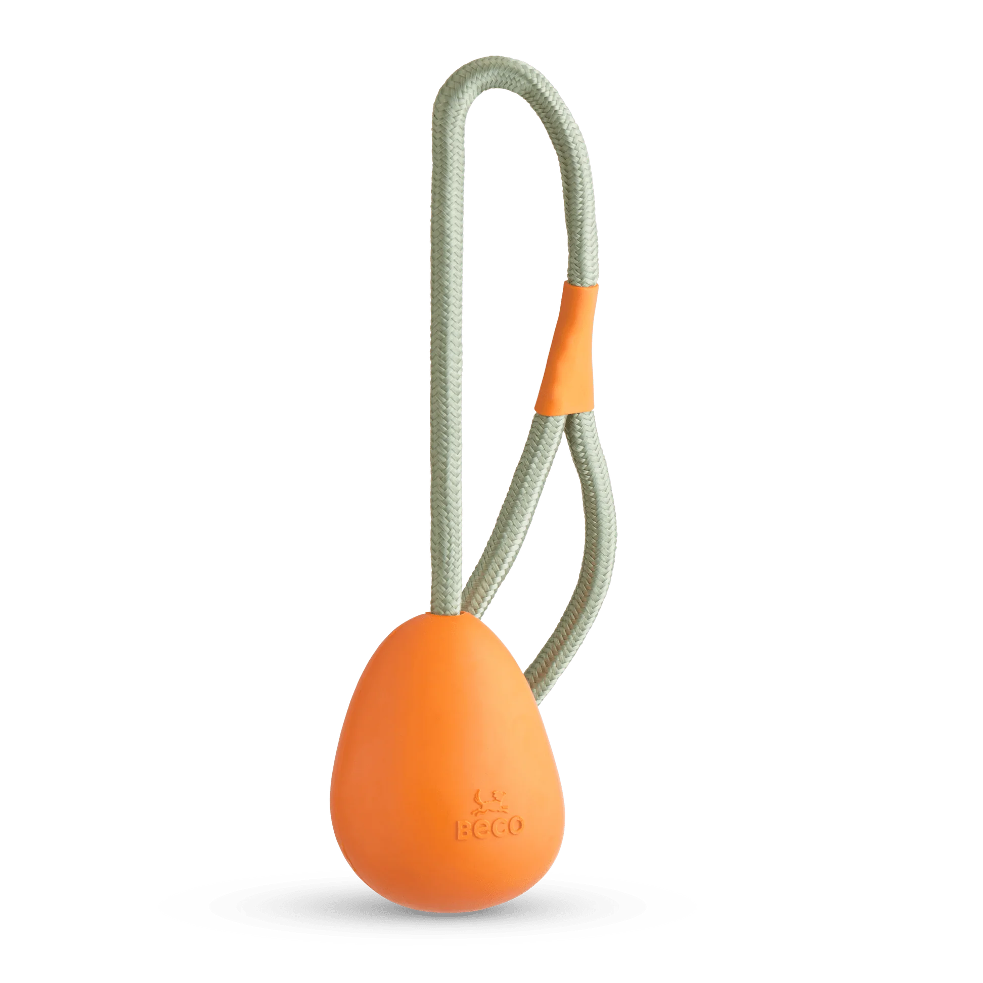 The Beco Slinger by The Tetbury Pet Shop & Grooming is an orange natural rubber fetch ball on a gray rope loop with an orange grip, designed for fun, interactive play with your dog.