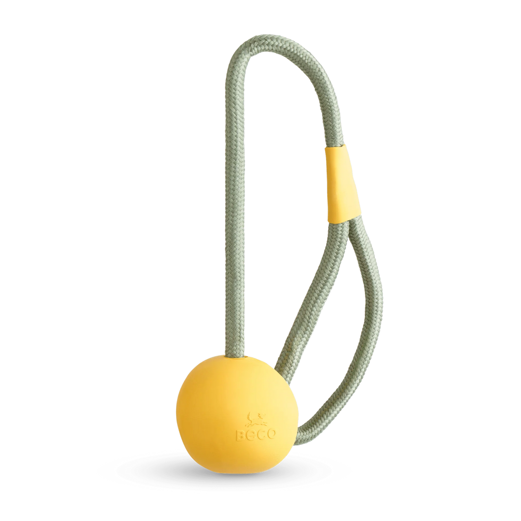 The Beco Slinger by The Tetbury Pet Shop & Grooming is an orange natural rubber fetch ball on a gray rope loop with an orange grip, designed for fun, interactive play with your dog.