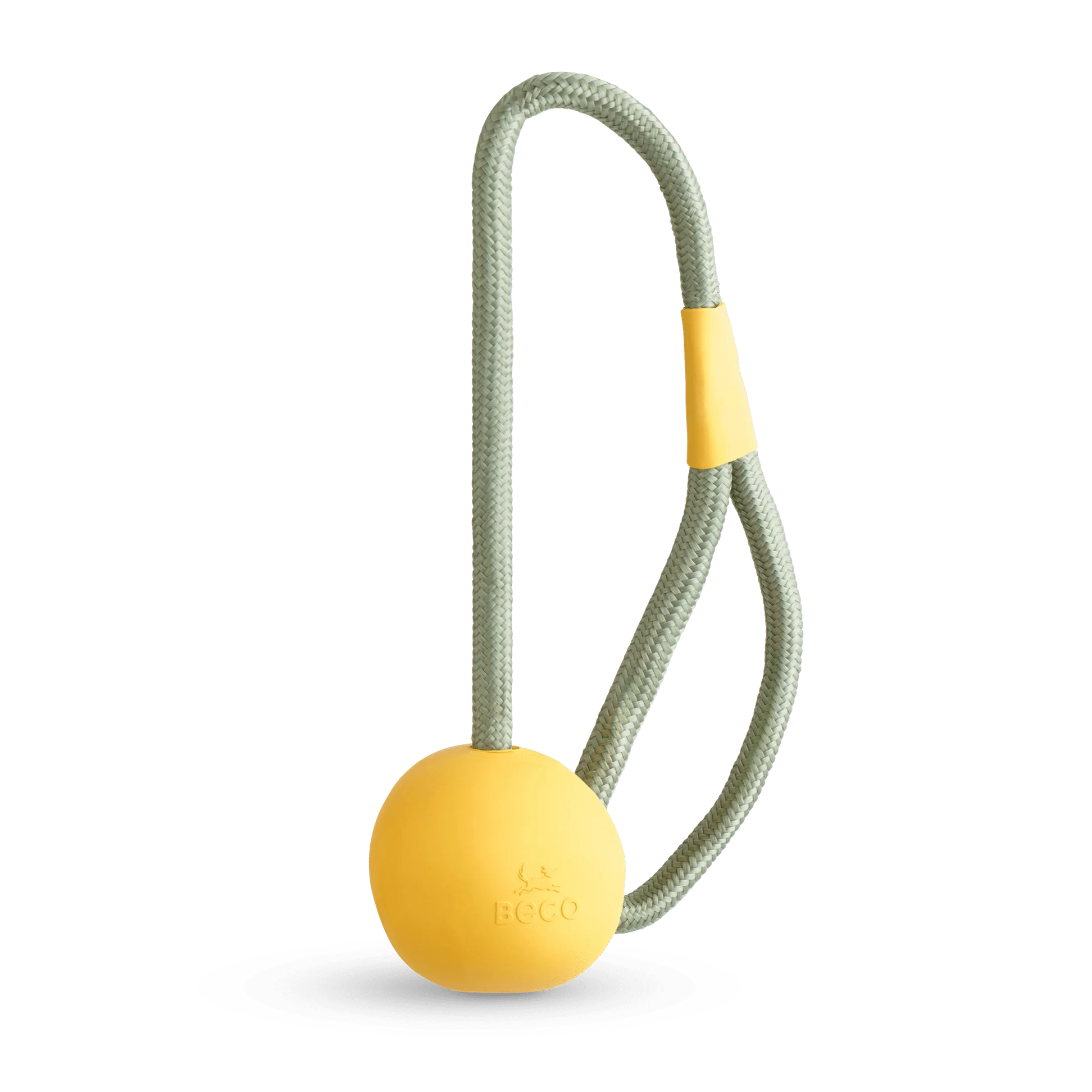 The Beco Slinger by The Tetbury Pet Shop & Grooming is an orange natural rubber fetch ball on a gray rope loop with an orange grip, designed for fun, interactive play with your dog.