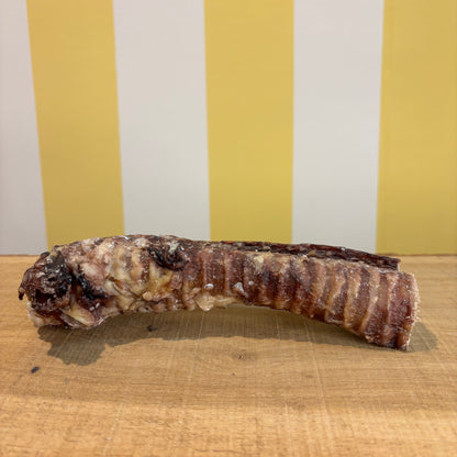 A dried beef trachea, a delicious natural dog chew, sits on a wooden surface with a yellow and white striped background.
