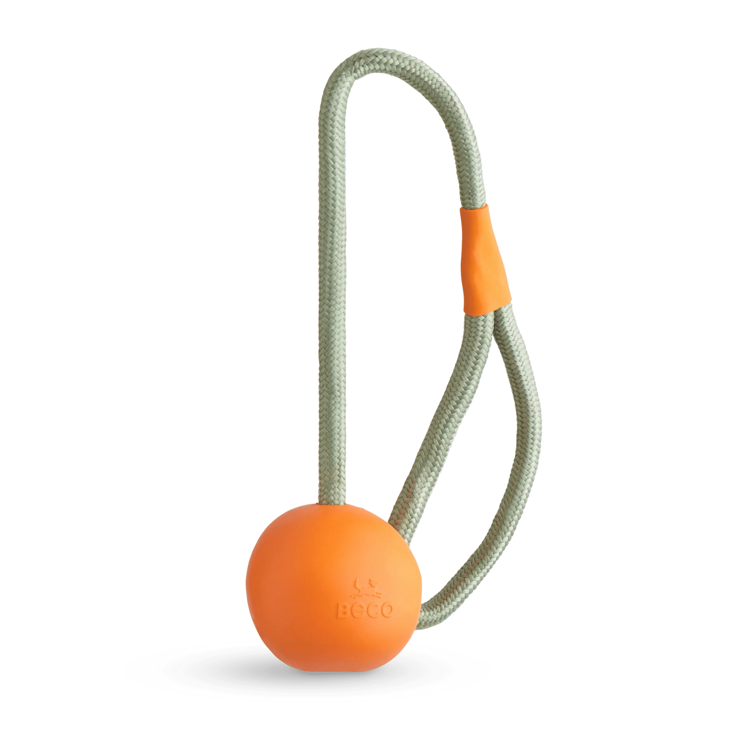 The Beco Slinger by The Tetbury Pet Shop & Grooming is an orange natural rubber fetch ball on a gray rope loop with an orange grip, designed for fun, interactive play with your dog.