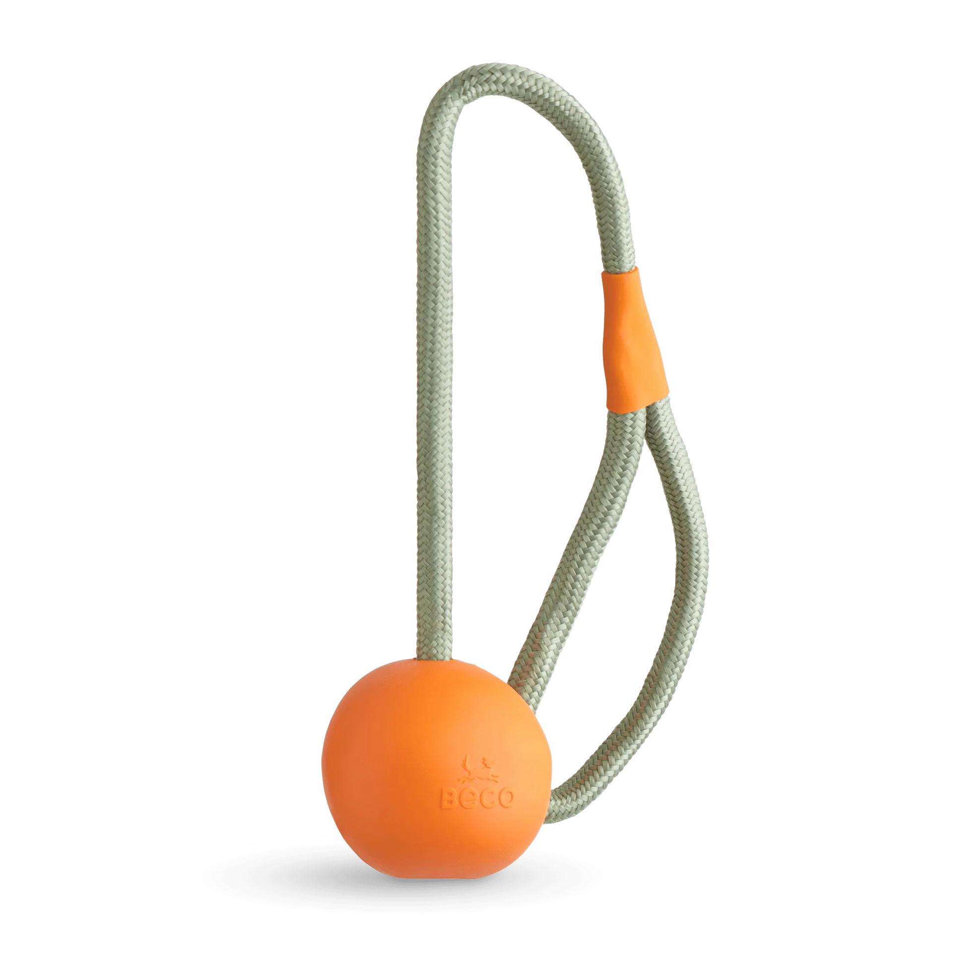 The Beco Slinger by The Tetbury Pet Shop & Grooming is an orange natural rubber fetch ball on a gray rope loop with an orange grip, designed for fun, interactive play with your dog.