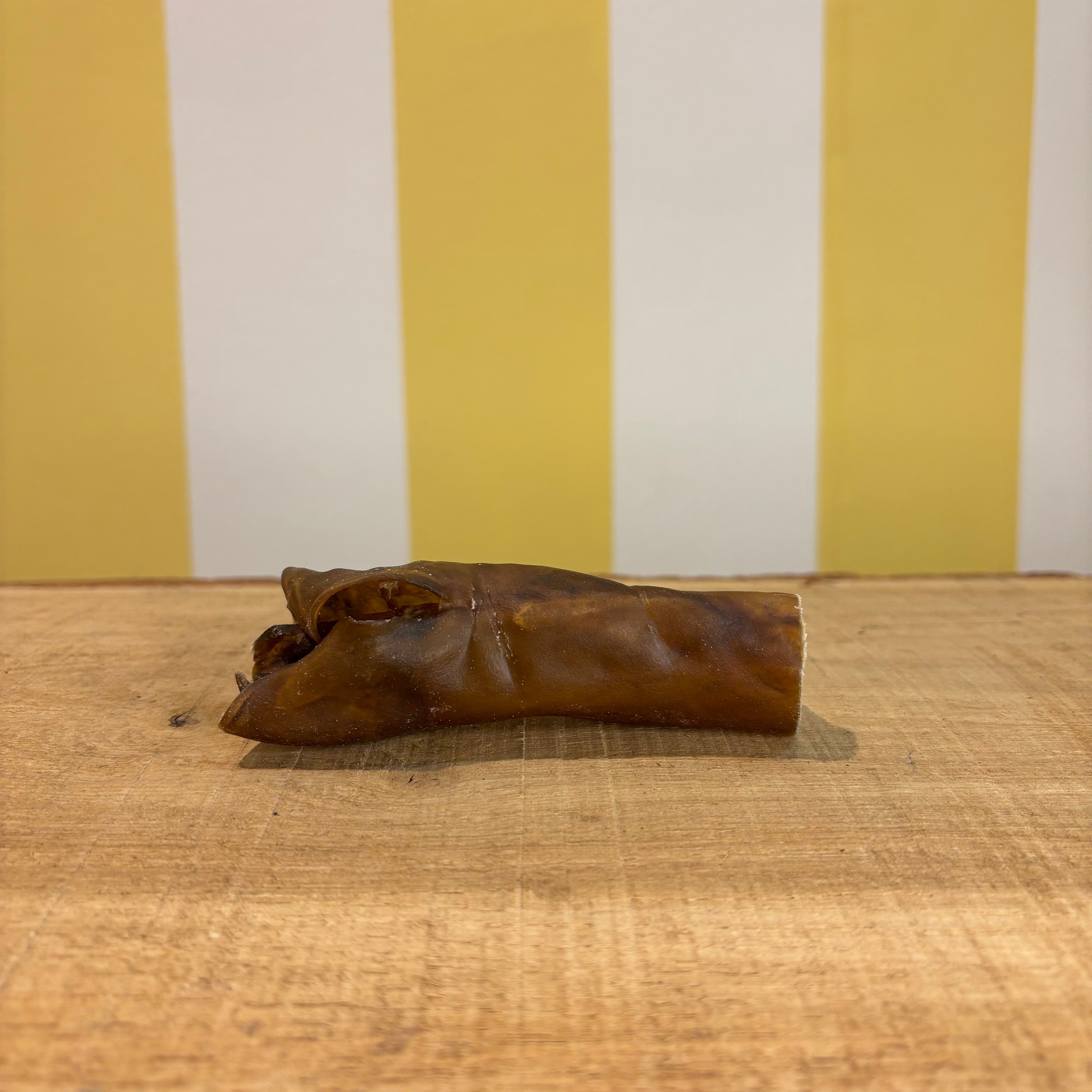 A single Camel Skin 15cm dog treat from The Tetbury Pet Shop & Grooming rests on a wooden surface, set against a yellow and white striped background.