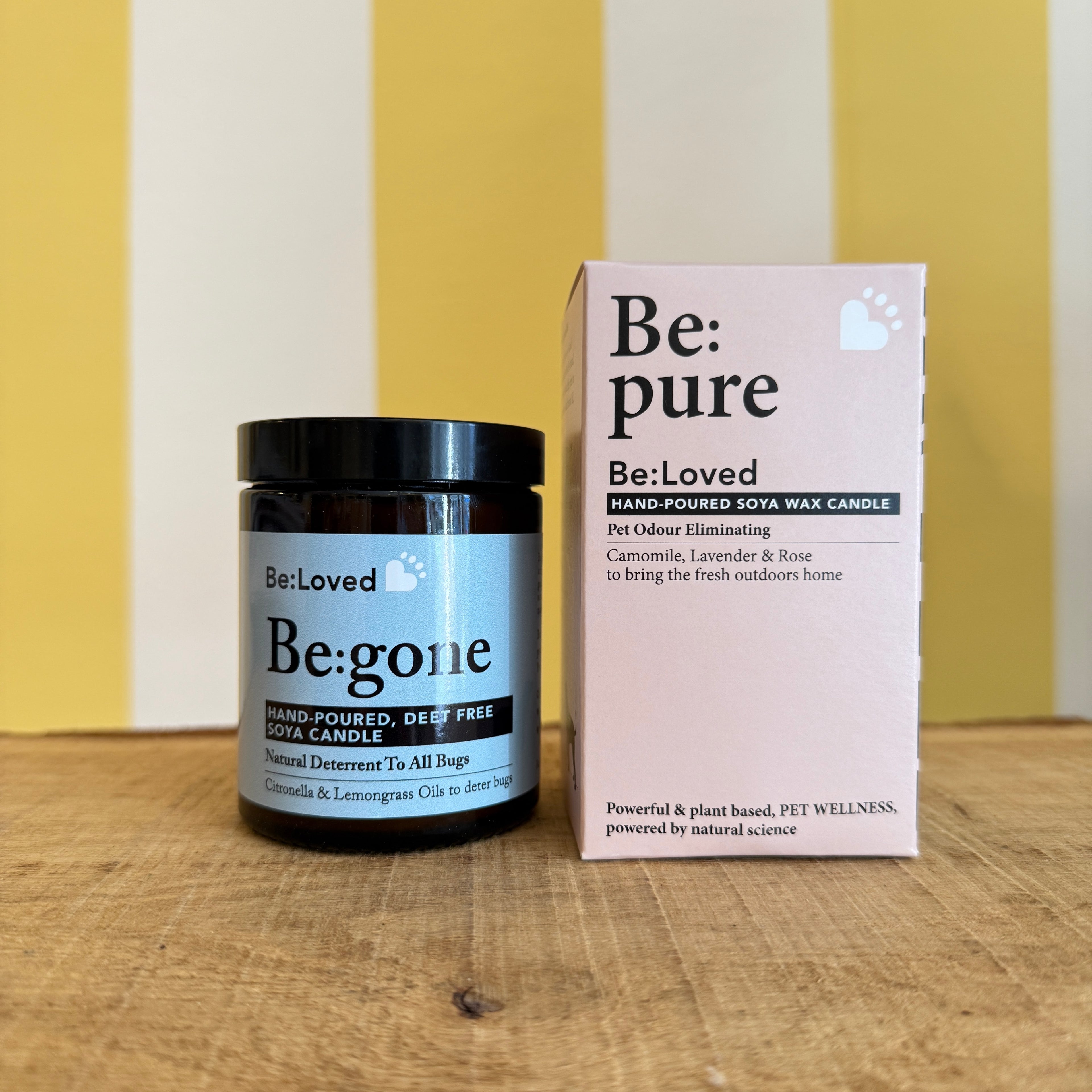A jar labeled Be:Loved Candle by The Tetbury Pet Shop & Grooming, an odour eliminating soy candle, sits on a wooden surface against a yellow and white striped background.