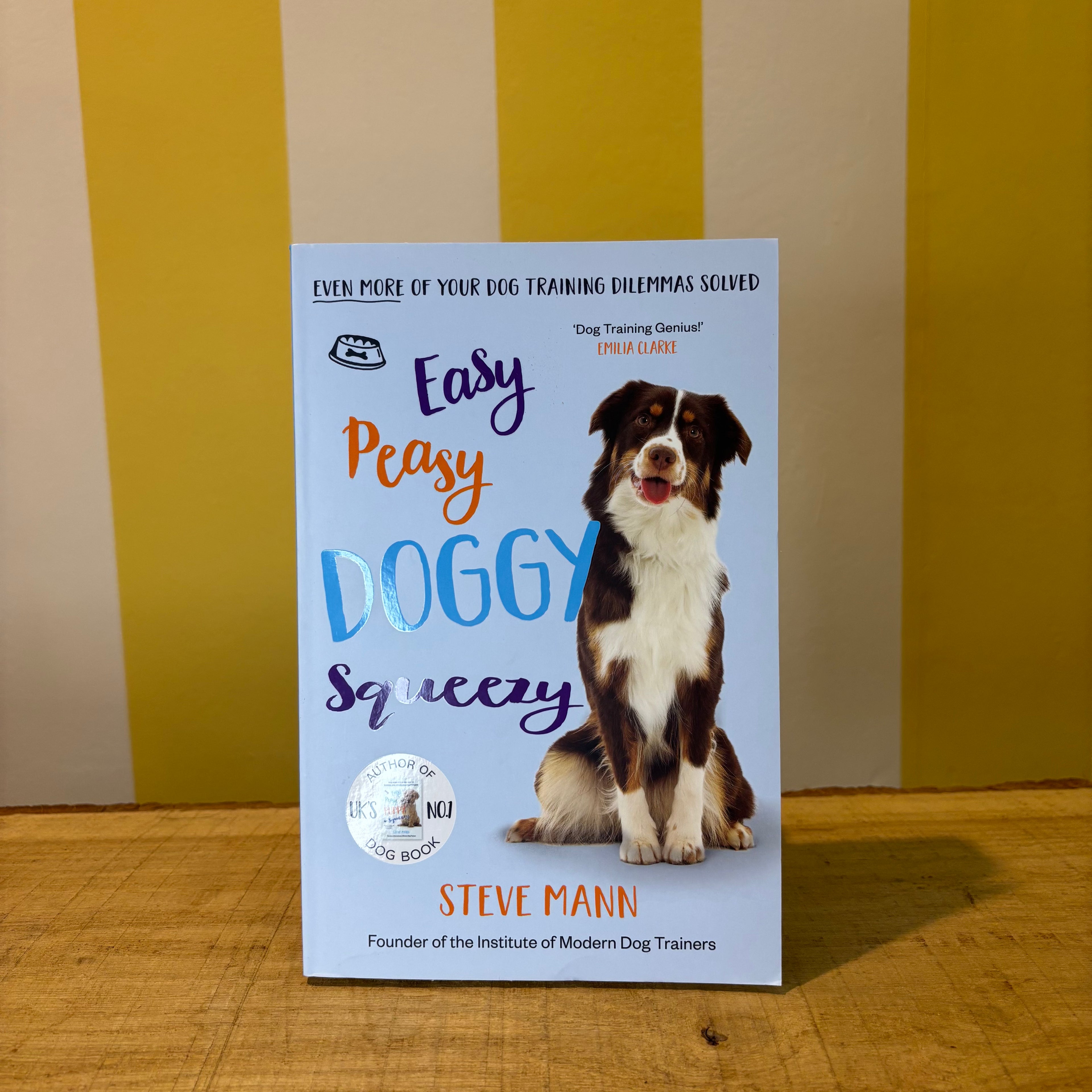 The Tetbury Pet Shop & Grooming's Easy Peasy Doggy Squeezy book stands upright on a wooden surface with a yellow and white stripe background.