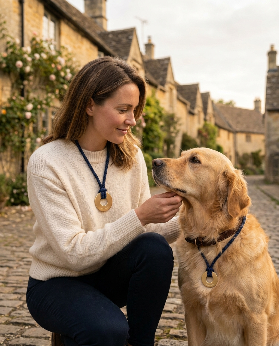 Matching Bondlets pendants on owner and dog, Cotswold setting