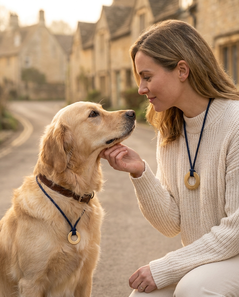 Woman and her golden retriever wearing matching Bondlets engraved gold pendants
